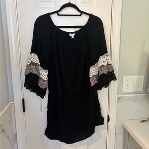 Women's Black Crochet-Bell-Sleeve Dress